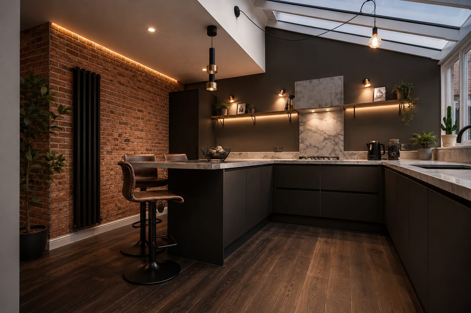 Modern dark kitchen with matt charcoal cabinetry, an exposed brick wall, marble-effect splashback, dark wood flooring and a skylight