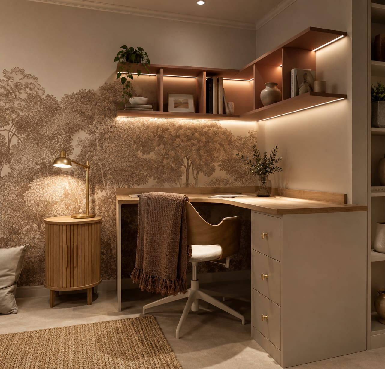 Warm home office corner with a scenic forest wallpaper mural, brass desk lamp, timber desk, floating shelves and soft integrated lighting