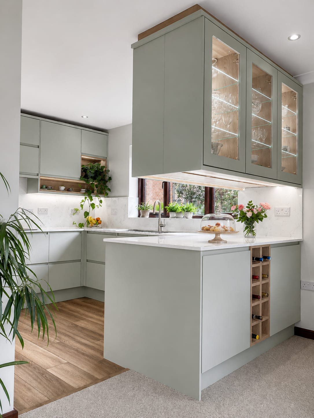 Compact sage-green kitchen with handleless cabinetry, glass-fronted wall units, an integrated wine rack and a bright window over the sink