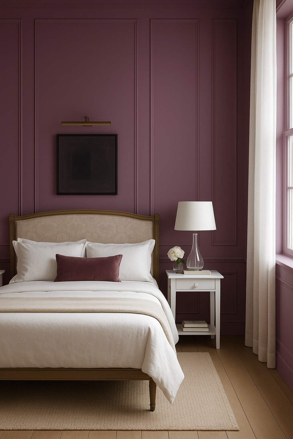 Bedroom drenched in Little Greene Adventurer plum-aubergine paint
