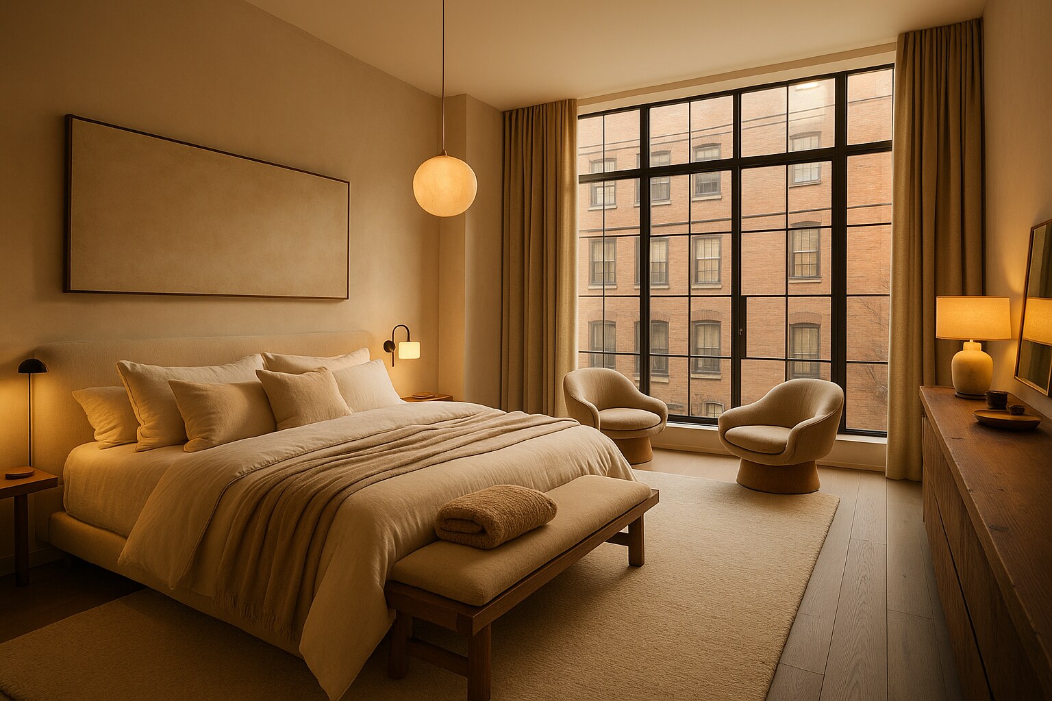 Quiet-luxury bedroom with Crittall windows, plaster headboard and layered neutral linens