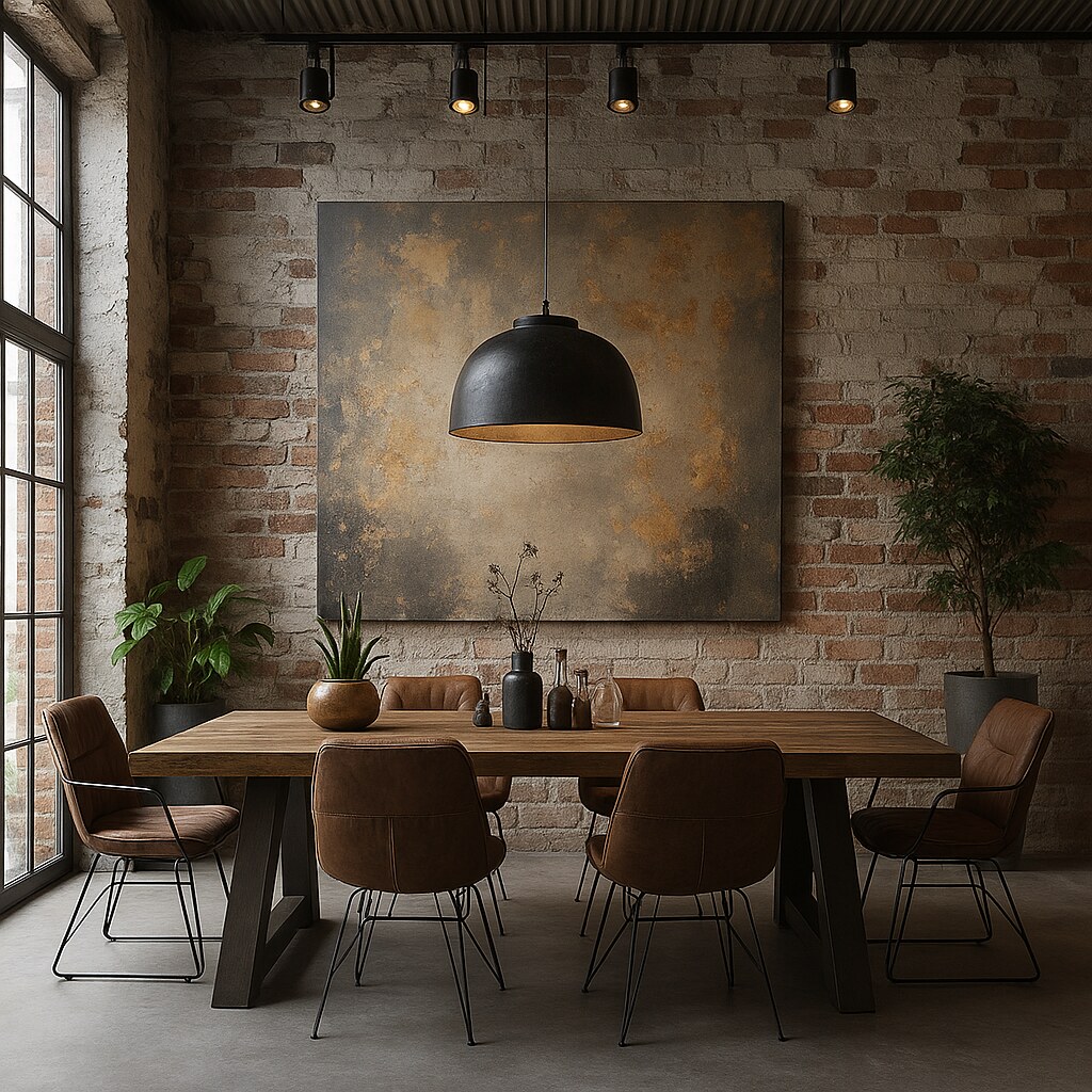 Industrial dining room with exposed brick, oversized canvas, chunky timber table and dome pendant