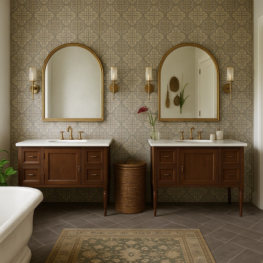Bathroom with patterned encaustic tile feature wall, twin walnut vanities and gilt mirrors
