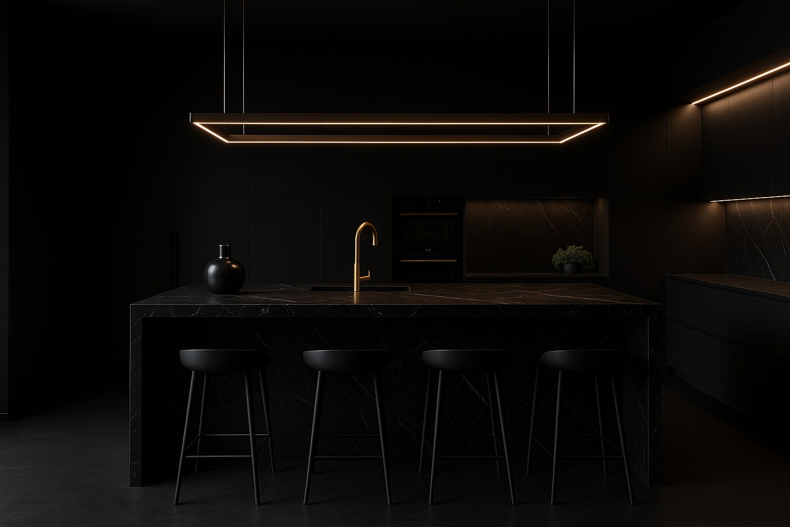 Matte black kitchen with dark veined marble island