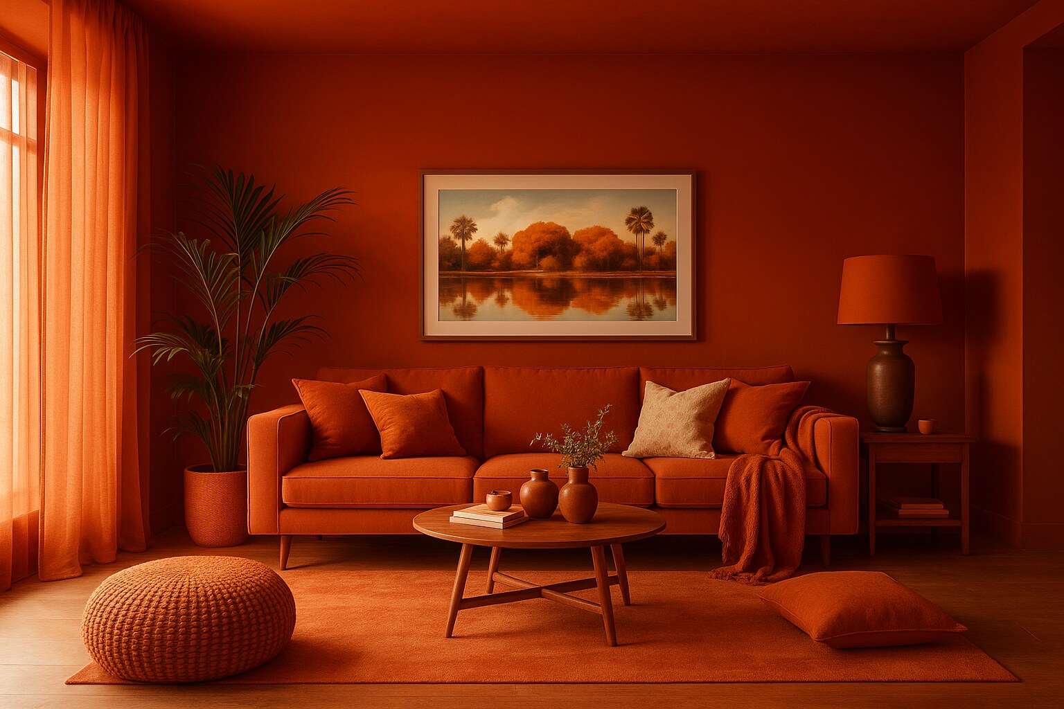 Living room drenched in terracotta — walls, sofa and pouffe in matching warm tones
