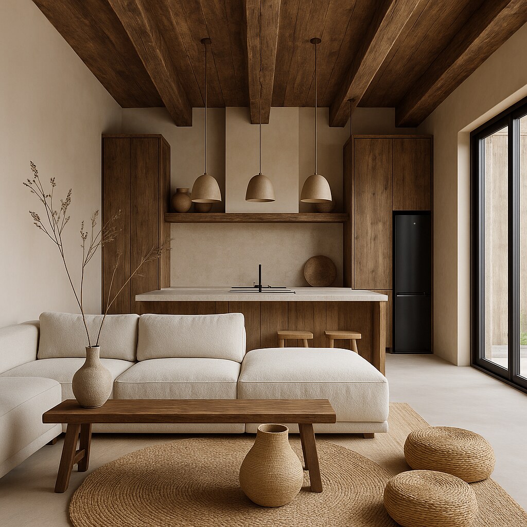 Open-plan kitchen and sofa with reclaimed-timber ceiling, wood-fronted island and ivory upholstery