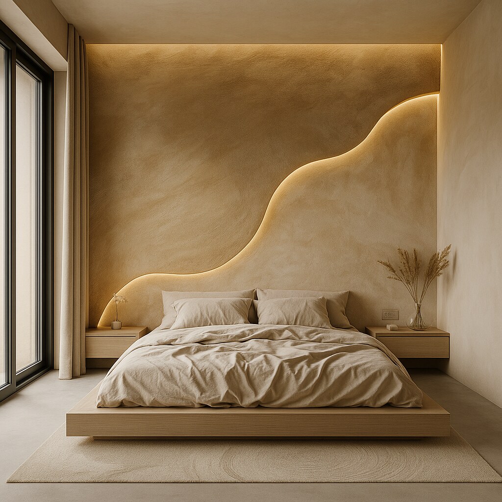 Bedroom with sandstone-plaster feature wall — curved organic ridge with hidden lighting