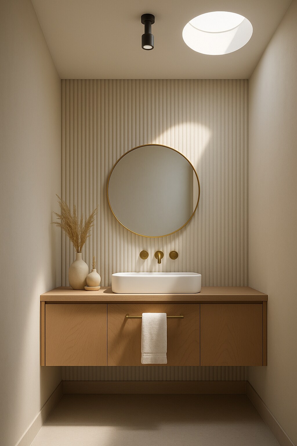 Powder room with fluted wall panelling, oak vanity, brass tapware and skylight