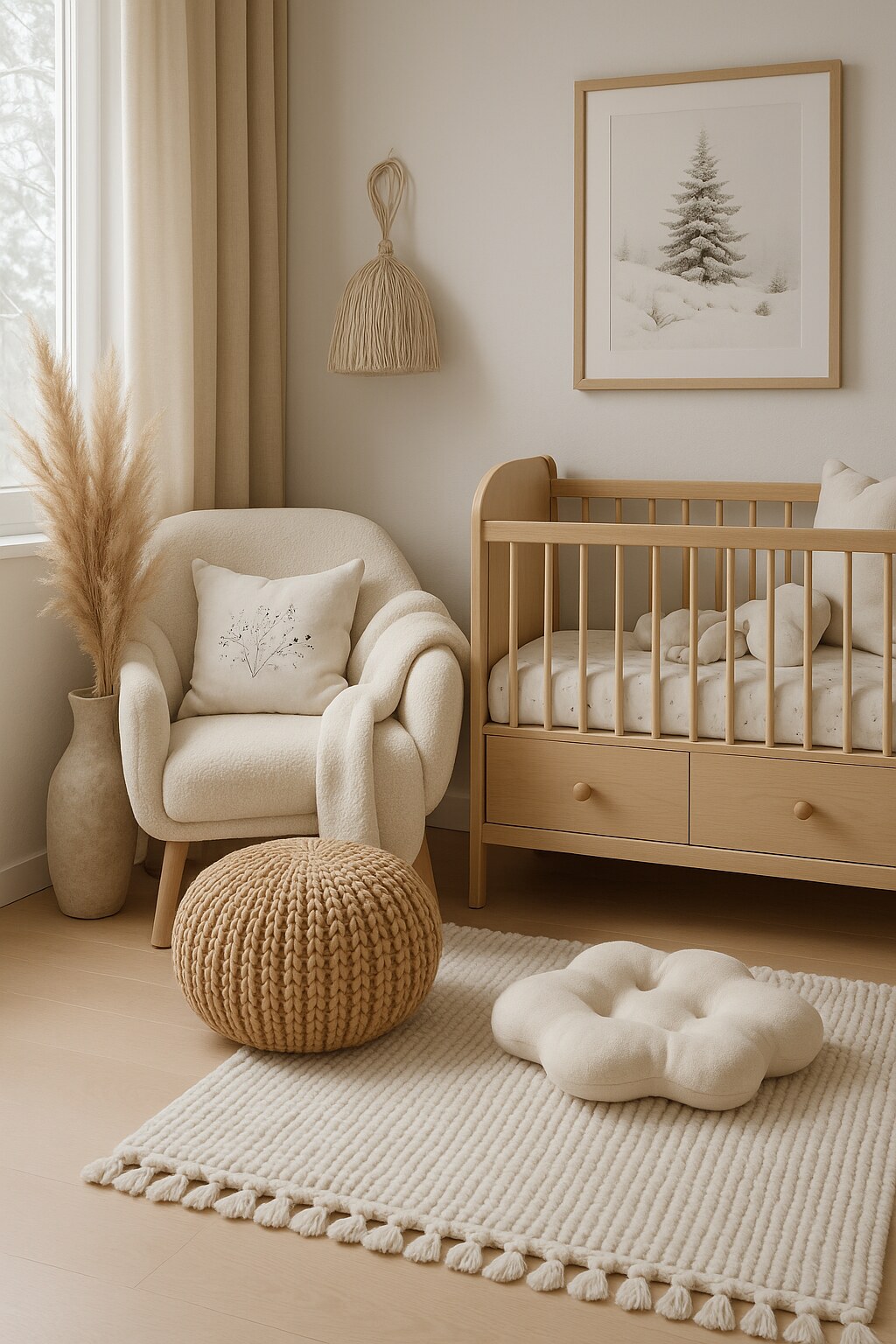 Light Scandi nursery with boucle armchair, oak cot and pampas grass