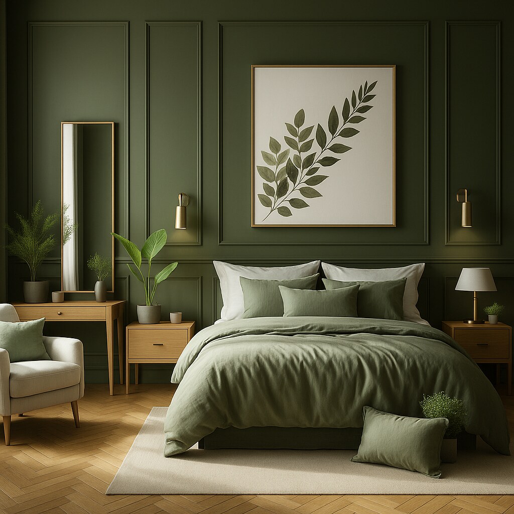 Sage-green panelled bedroom with botanical leaf canvas, herringbone floor and linen bedding