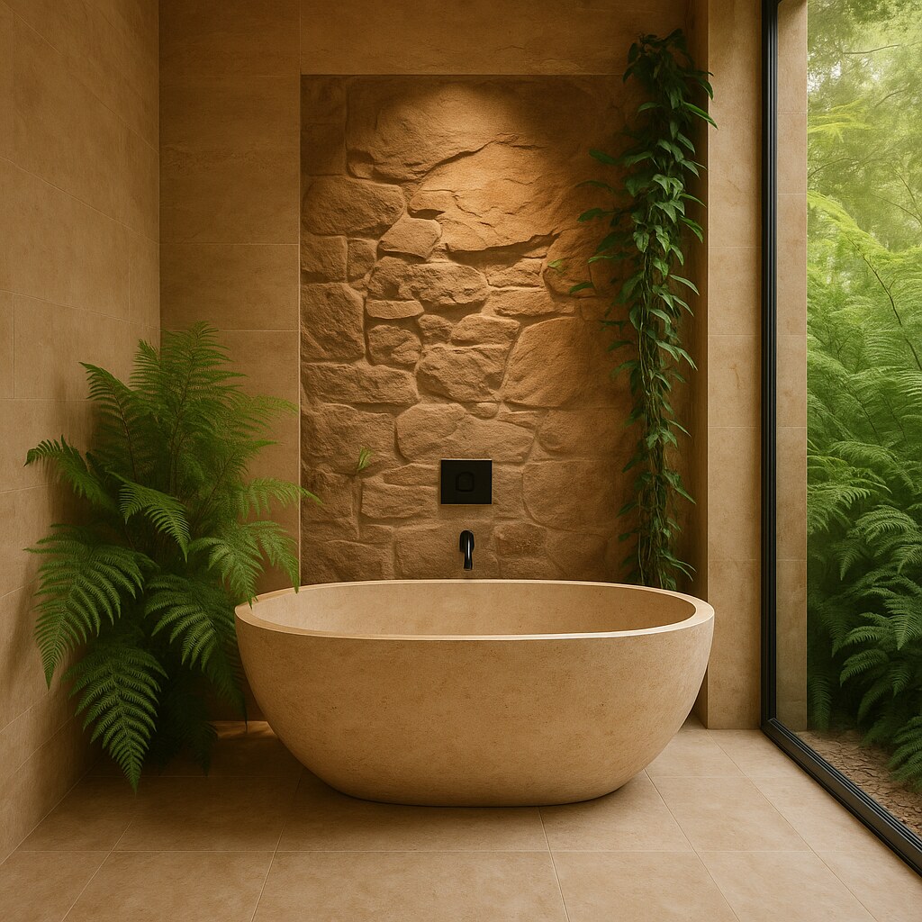 Stone-clad bathroom with freestanding tub and ferns at the window