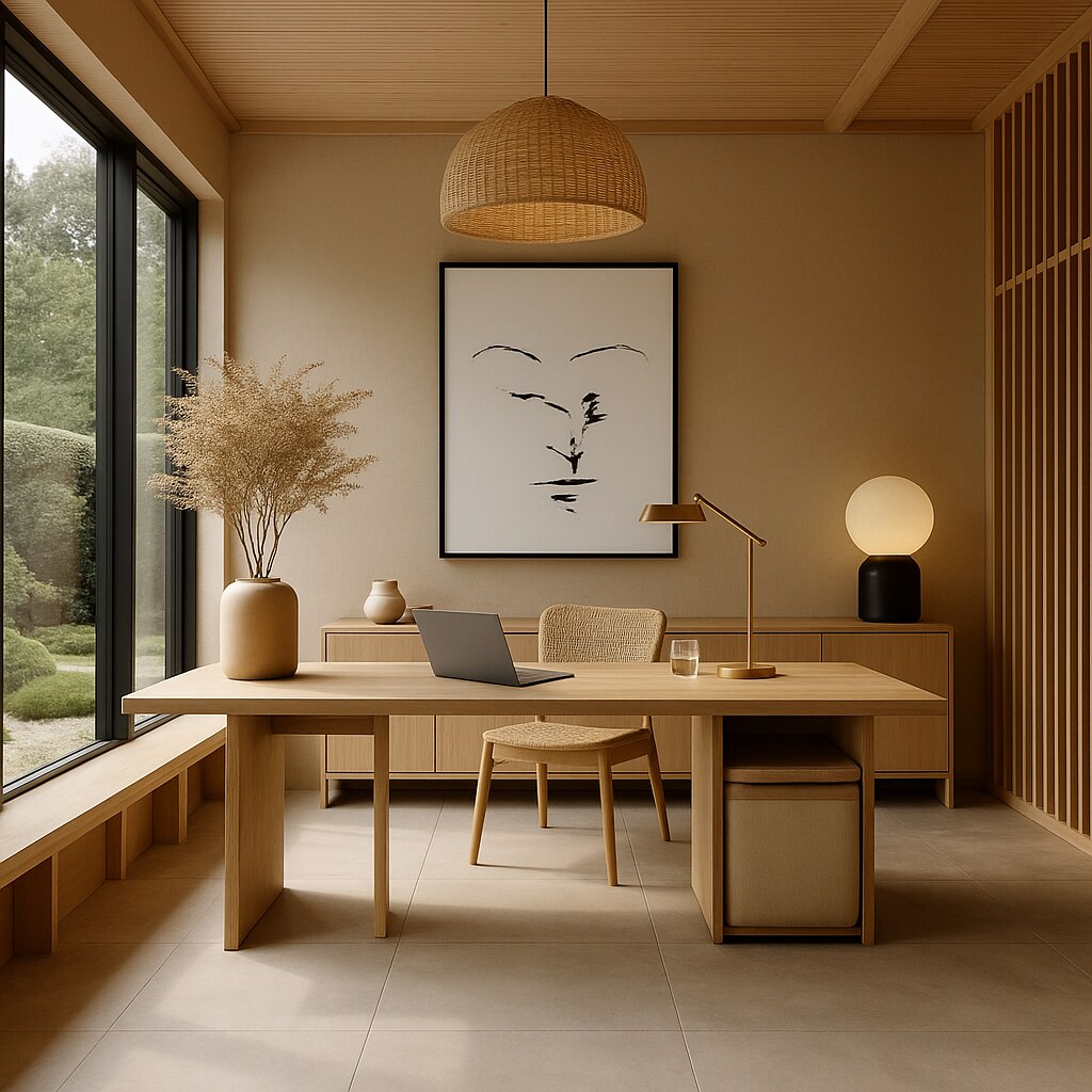 Pale-oak Japandi study with ink-art print and full-height windows
