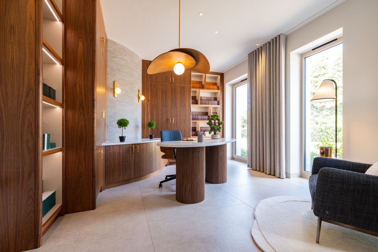 Queens Orchard home office with bespoke walnut joinery and fluted desk